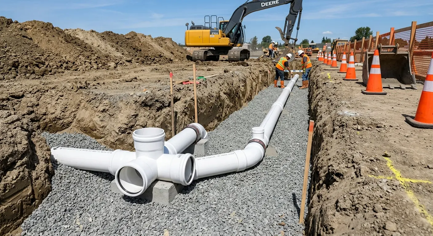 New PVC sewer pipe installation in open trench for Commercial Drain Cleaning in Aberdeen