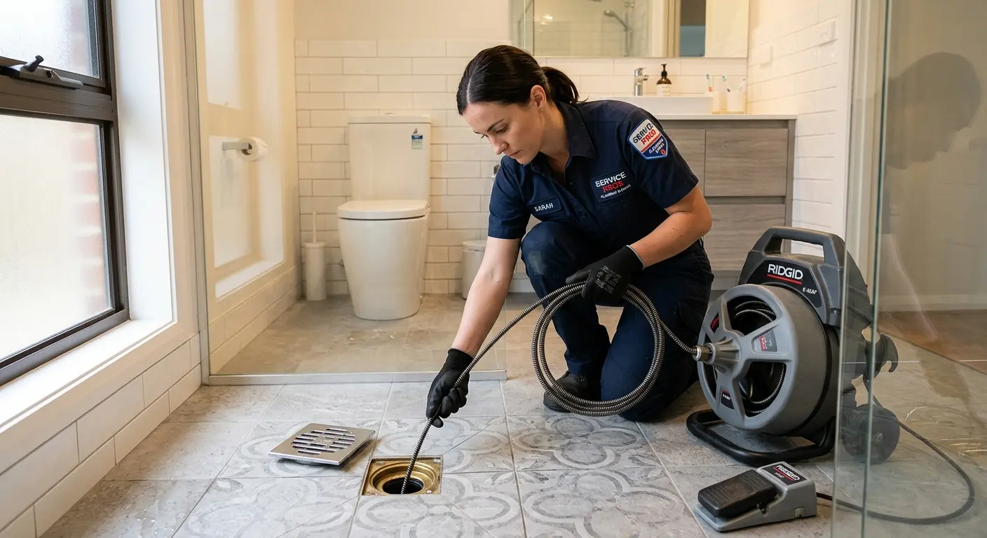 Technician clearing a bathroom floor drain for Drain Cleaning in Aberdeen